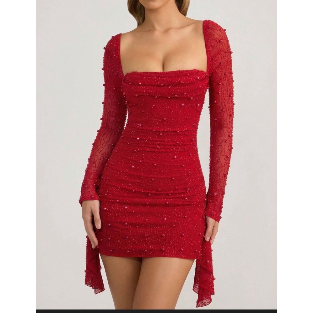 Oh Polly Red Beaded Pearl Ruched Mesh Mini Dress‎ Long Sleeve Square Neck US 2